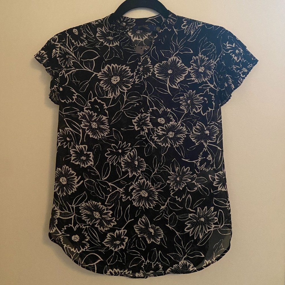 Polo Ralph Lauren Black and White Floral-Print Ruffled Blouse